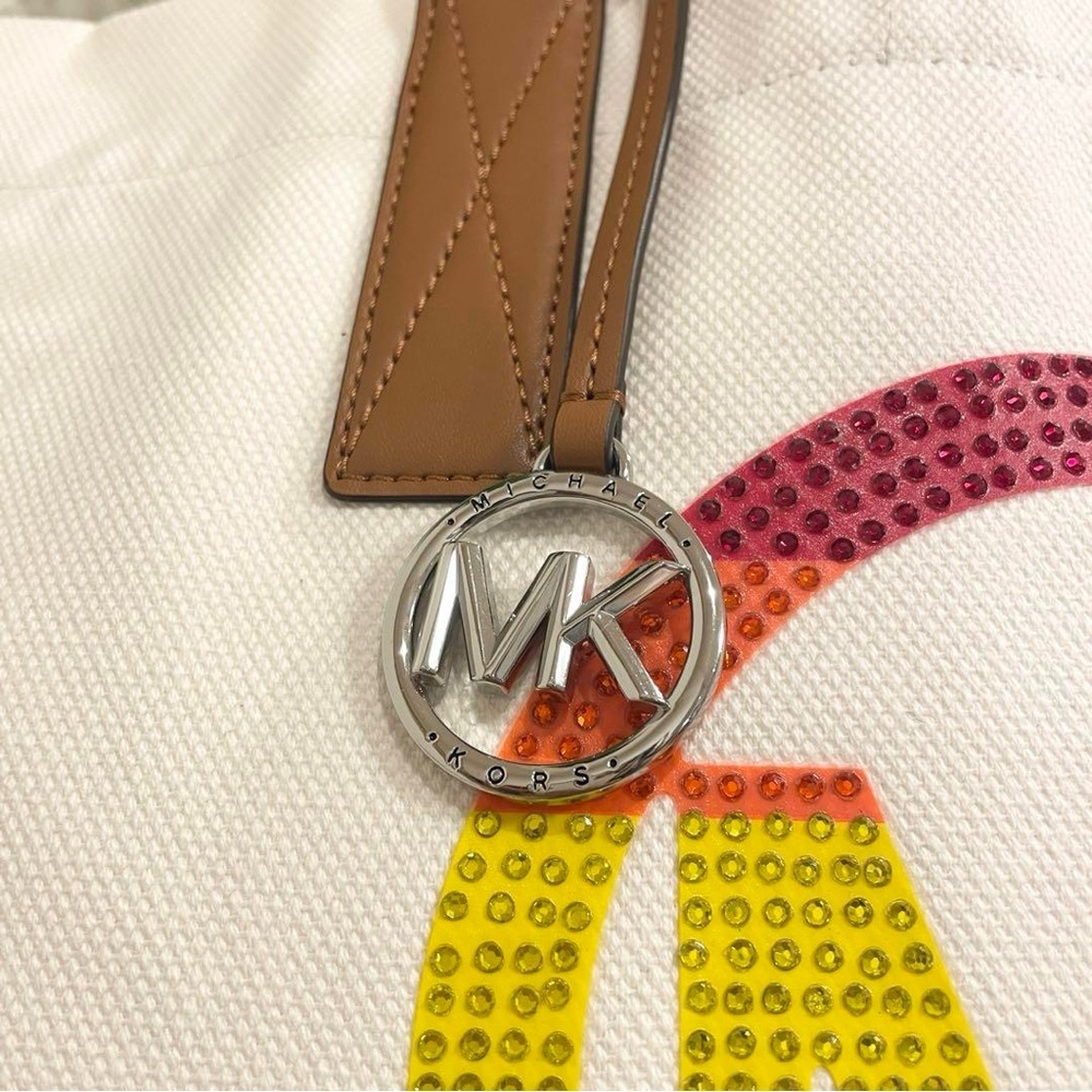 MICHAEL KORS LARGE EMBELLISHED LOGO CANVAS TOTE BAG - Picture 8 of 12